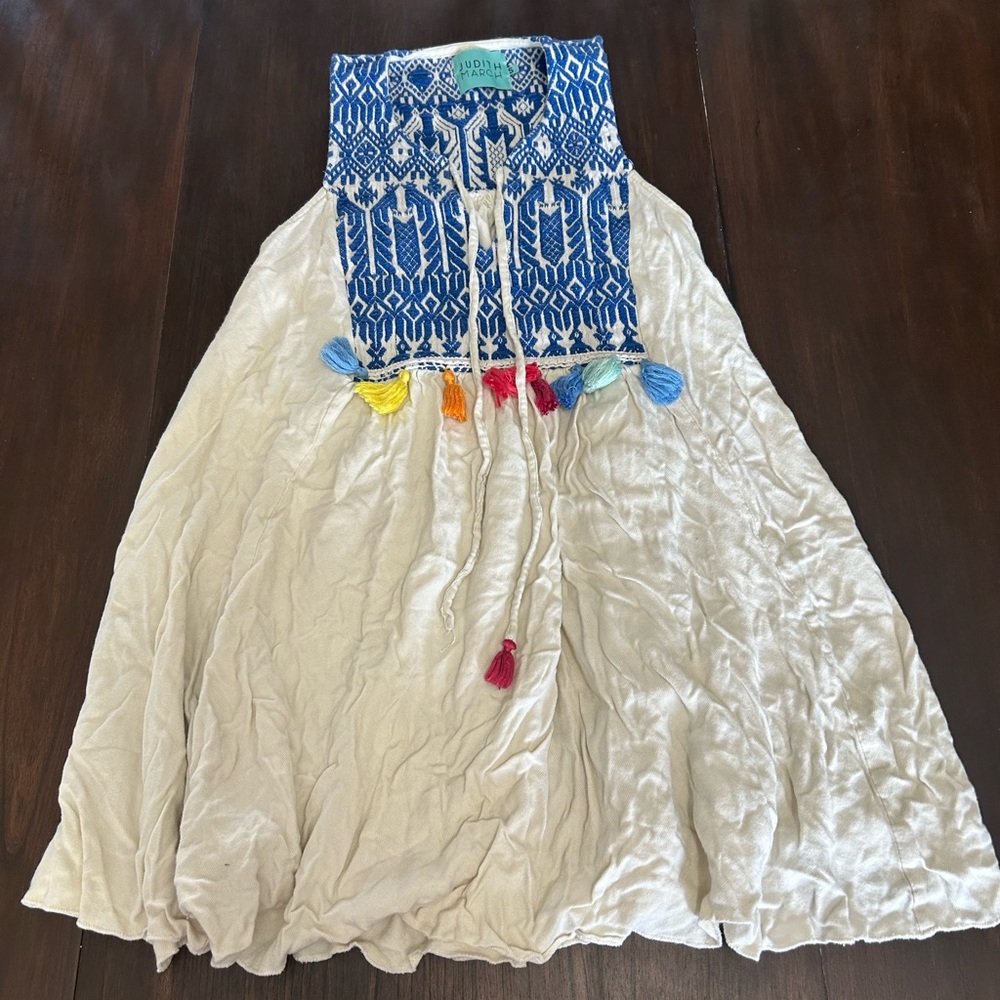 Judith March Cream Maxi Tunic with Blue Embroidered Yoke and Multicolor Tassels